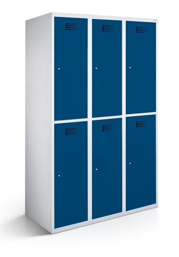 Garderobenspind mit 3 Abteilen und 6 Türen 30cm mit geschlossenem Sockel Enzianblau 5010 | Zylinderschloss