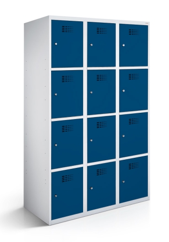 Schließfachschrank mit 3 Abteilen und 12 Türen 30cm mit geschlossenem Sockel Enzianblau 5010 | Drehriegel