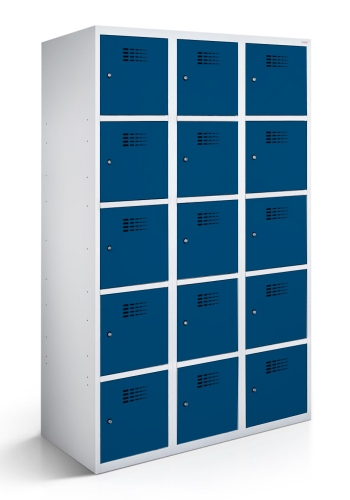 Schließfachschrank mit 3 Abteilen und 15 Türen 40cm mit geschlossenem Sockel Enzianblau 5010 | Drehriegel