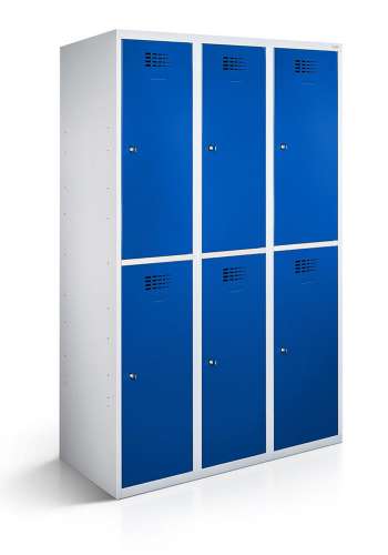Garderobenspind mit 3 Abteilen und 6 Türen 40cm mit geschlossenem Sockel Enzianblau 5010 | Zylinderschloss