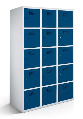 Schließfachschrank mit 3 Abteilen und 15 Türen 30cm mit geschlossenem Sockel Enzianblau 5010 | Zylinderschloss